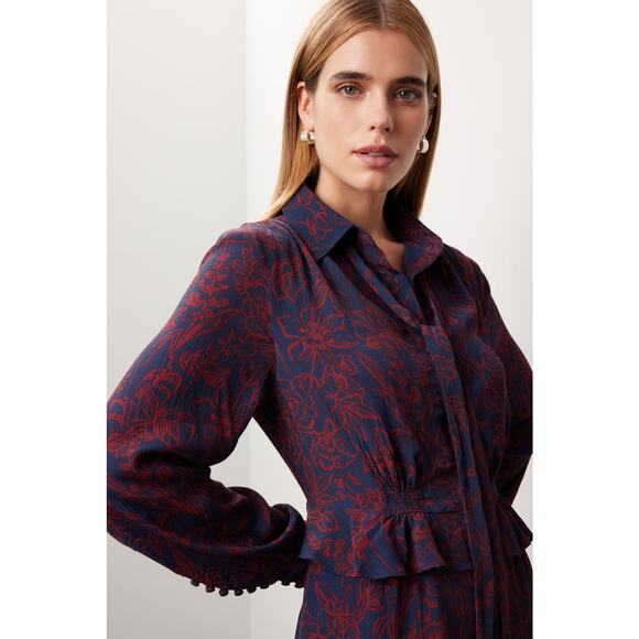 Jason Wu Print Midi Shirt Dress Blue Red Tie Neck Button Front Long Sleeve Sz 4 - Picture 3 of 13
